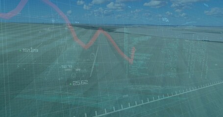 Stretching runway with HUD overlay at open airstrip, showing teal grid and red trend line