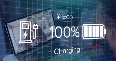 Typing laptop user using keyboard at desk, showing host wearing maroon top and charging overlay