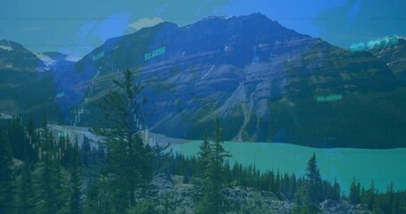 Displaying alpine peaks and turquoise glacial lake at trail overlook, with financial overlay