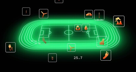 Displaying neon-green oval running track enclosing soccer pitch on dark dashboard, with eco icons