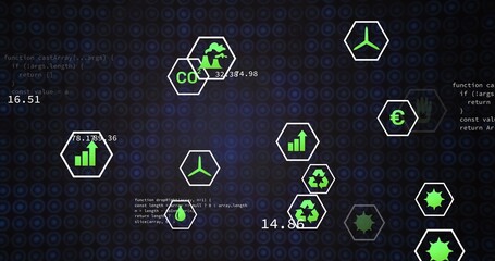 Displaying green hex icon cluster pulsing on dark UI, featuring energy, CO2 and code snippets