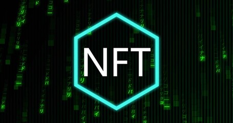 Displaying cyan neon hexagon logo showing bold NFT text in cyber background, cascading green code