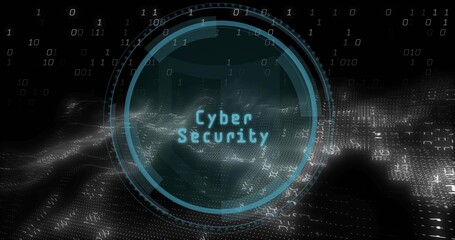 Displaying teal circular HUD with Cyber Security text centered in data landscape, forming grids
