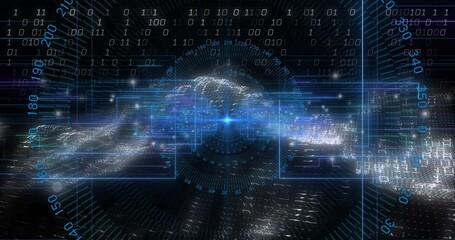 Pulsing data core projecting streaming ribbon in cyberspace, circular HUD, binary digits, gridlines