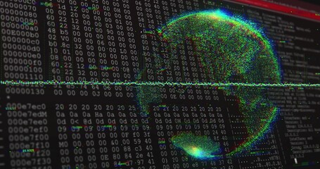 Rendering RGB point-cloud globe on desktop monitor, showing hex dump and terminal panes, copy space