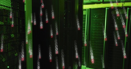 Bathing server racks in green light in server room showing vented doors, cables, falling binary