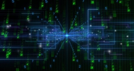 Emitting blue nexus sending circuit beams across dark grid, showing nodes, green streams, digits