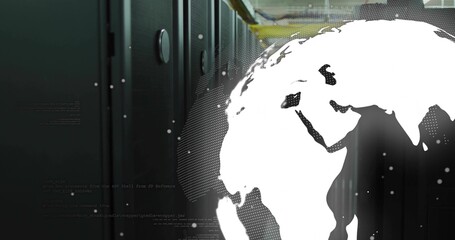 Displaying stylized globe graphic on right in data center, showing server cabinets and code dots