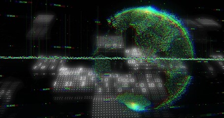 Pulsing point-cloud globe glowing right over dot-matrix plane, showing binary digits, copy space