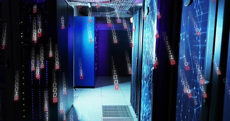 Displaying server racks glowing with LEDs in data center aisle, showing binary overlay and vents