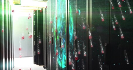 Displaying row of black server racks humming inside data center, with perforated doors and LEDs