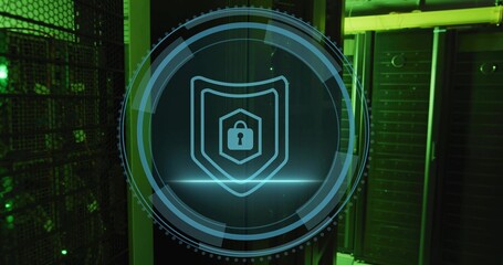 Projecting holographic security shield with padlock, protecting server racks in data center aisle