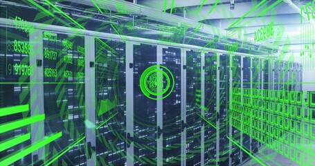 Showing central server racks with glass doors, LED lights in data center aisle, displaying neon HUD