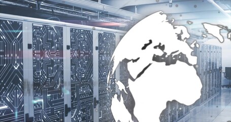 Displaying large white globe overlaying racks in server room with LED panels, cabling, glossy floor