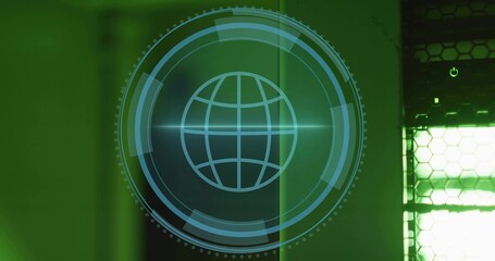 Projecting translucent HUD with globe and concentric rings over panel in data center, hex mesh