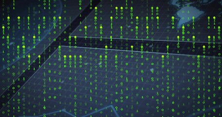 Cascading neon green binary streams flowing across navy grid, with glowing nodes