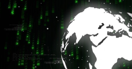 Streaming neon code cascading left, stylized globe glowing with rim on right, copy space