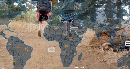 Walking two women carrying backpacks, skirt and hiking boots on dirt trail, map overlay