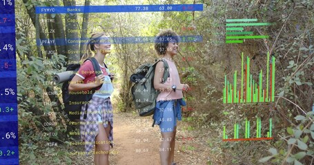 Standing two hikers on forest trail carrying packs, mats, tied shirt, showing market overlay