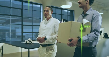 Walking two men in white or blue shirts holding box with lamp and papers, AR overlay in office