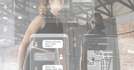 Posing partners in gym, woman sportsbra leggings, man dark tee, showing AR chat bubbles and map