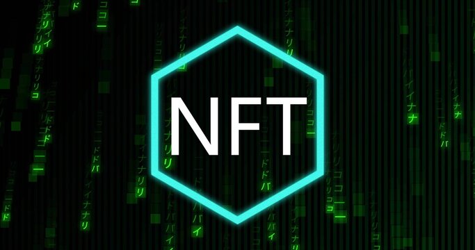 Displaying cyan neon hexagon logo showing bold NFT text in cyber background, cascading green code - Powered by Adobe