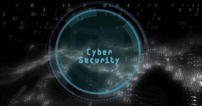 Displaying teal circular HUD with Cyber Security text centered in data landscape, forming grids - Powered by Adobe