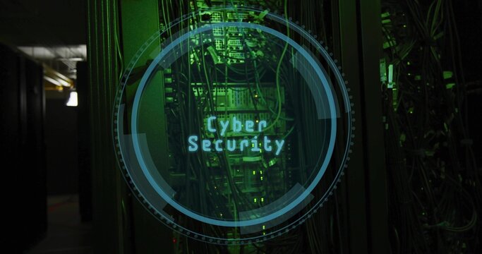 Showing central server rack projecting Cyber Security HUD inside dim data center aisle with cables - Powered by Adobe