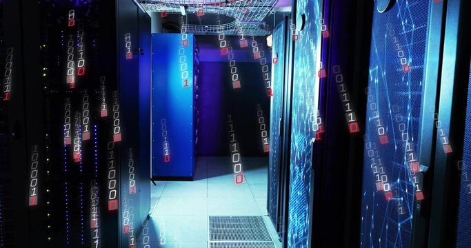 Displaying server racks glowing with LEDs in data center aisle, showing binary overlay and vents - Powered by Adobe