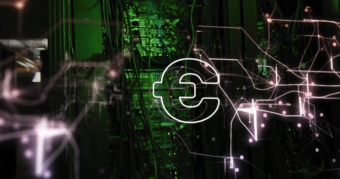 Glowing white euro symbol hovering over data center racks and LEDs, casting neon circuit traces - Powered by Adobe