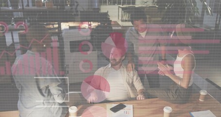 Leading bearded man in light jacket reviewing charts tapping phone in office, pink data on glass