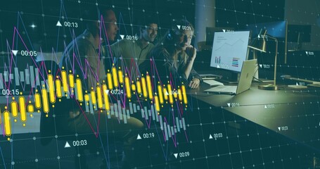 Analyzing analysts in business wear reviewing charts at office with laptop and financial overlay