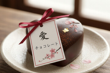 Macro shot of a heart-shaped Japanese chocolate accompanied by a handwritten note, soft lighting creating a warm and personal holiday feel.
