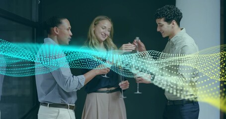 Pouring three colleagues sharing drinks, lounge shirts, skirt, bottle, stemmed glasses, teal wave