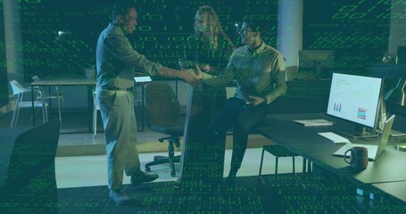 Shaking hands two men with woman watching, wearing business attire in office with monitor overlay