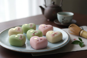 Close-up of heart-shaped Japanese wagashi, highlighting delicate textures, soft pastel tones, and cozy Valentine&rsquo;s Day atmosphere.
