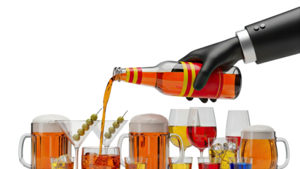 Hand in suit pouring amber liquid from bottle into glasses with drinks