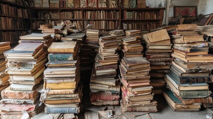 Fototapeta premium Aged books stacked in a dusty library
