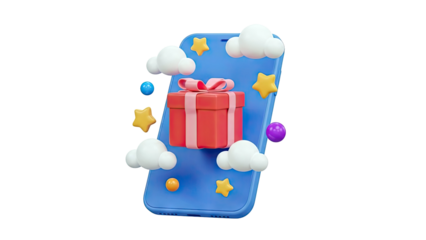 3D Smartphone with Gift Box, Stars, Clouds, and Spheres