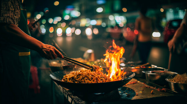 Street vendor cooking noodles in a wok over a fire at a Bangkok night market; Asian food concept