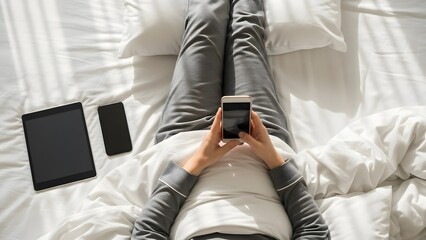 Person lying on bed with phone and tablet