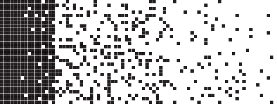 Black and white pixel background with fade effect. Pattern with square shapes in random arrangement. Mosaic print. Dissolving, disintegration or disappearing process. Vector graphic illustration