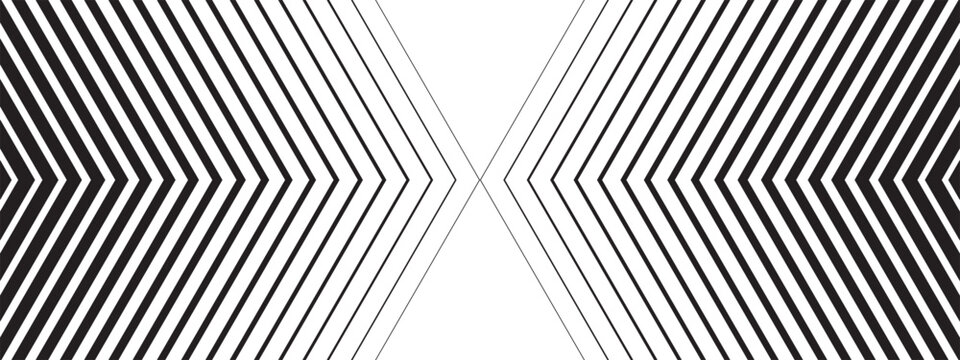 Repeated arrow shapes with faded effect moving toward each other. Forward, speed or motion background. Abstract striped print. Minimalist geometric banner. Vector graphic illustration