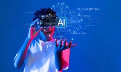 A vibrant scene showcasing a person interacting with artificial intelligence technology, emphasizing generative AI and virtual reality in a dynamic environment. XDMCP