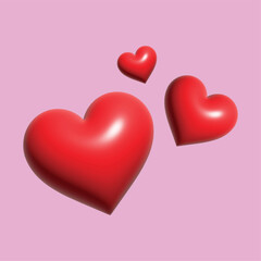 Three red 3D hearts vector illustration on pink background. Floating glossy love symbols. Realistic romantic flying shapes for Valentine's Day card, wedding or family concept.