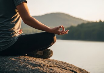 A person meditating in a yoga lotus pose on a rock overlooking a tranquil lake and distant mountains at sunset, embodying peace and mindfulness