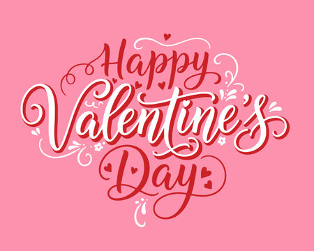 Happy Valentine's Day Festive Hand Lettering Design Pink Background Love Romance Celebration