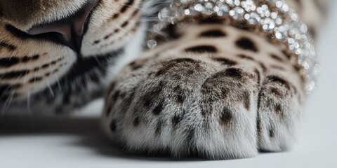 Obraz premium Extreme close up shot reveals the soft spotted fur texture of a luxurious leopard cat paw adorned with sparkling diamond jewelry highlights.