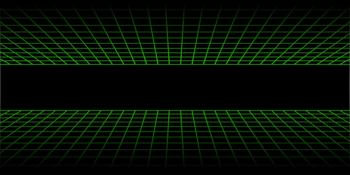 Top and bottom horizontal green neon grids in perspective. Laser tile floor and ceiling texture. Checkered plane pattern. Virtual reality wireframes. Futuristic geometric design. Vector ilustration