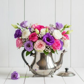 A beautiful bouquet of colorful roses and lisianthus flowers arranged in a vintage silver teapot on a white wooden table